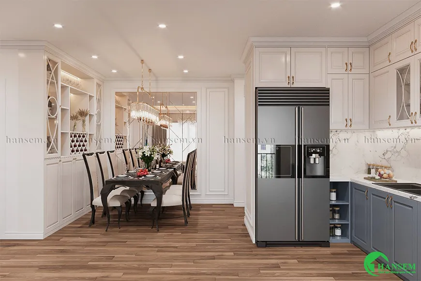 Tủ bếp phong cách tân cổ điển kết hợp sàn gỗ tự nhiên nâu trầm ấm