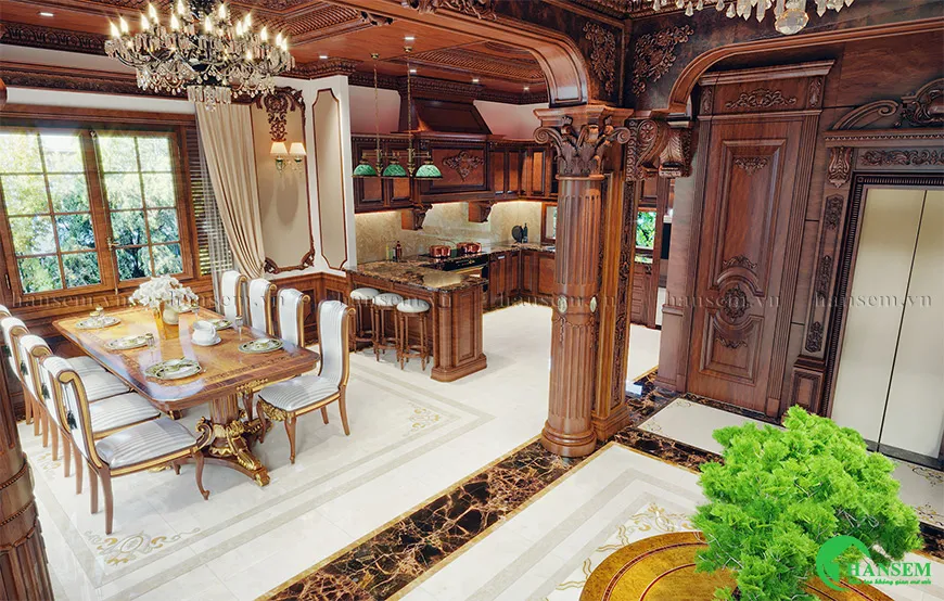 Thiết kế phòng bếp tân cổ điển rộng rãi hoa văn chạm trổ tỉ mỉ