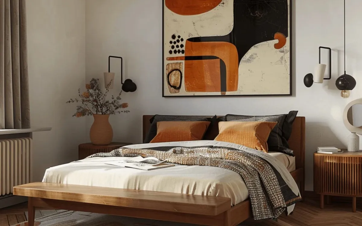 Phòng ngủ phong cách Retro với màu cam đất làm chủ đạo
