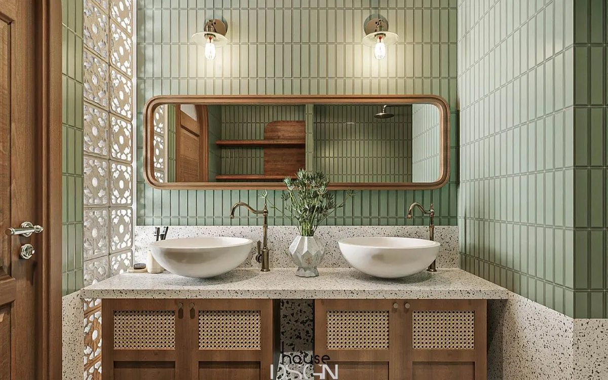 Phần ốp tường màu xanh pastel làm điểm nhấn cho không gian thêm nổi bật