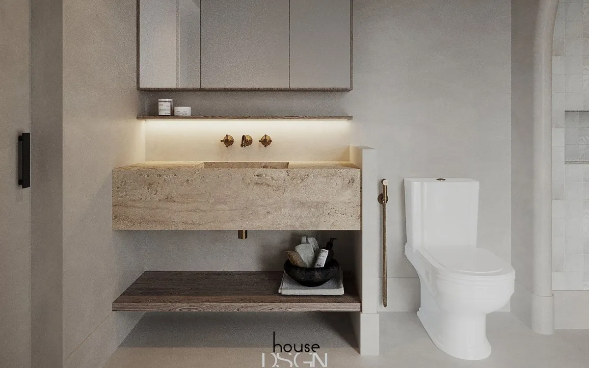 Không gian nhà tắm kết hợp hài hòa giữa màu trắng và màu xám