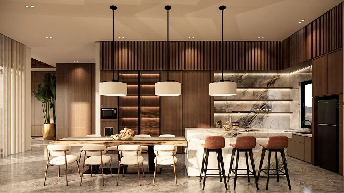 Thiết kế nội thất phòng bếp phong cách tropical hiện đại sang trọng khi được kết hợp với đá tự nhiên