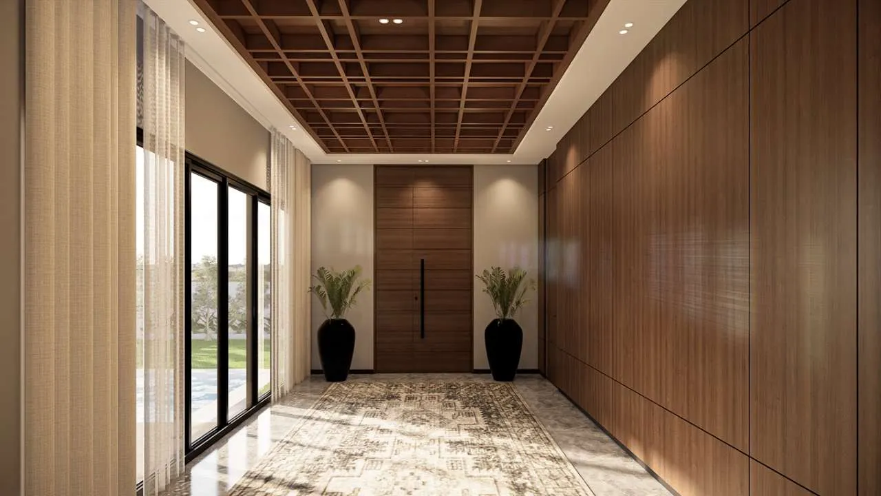 Lối hàng lang biệt thự sang trọng nhưng vẫn có hồn nhờ vào 2 chậu cây xanh