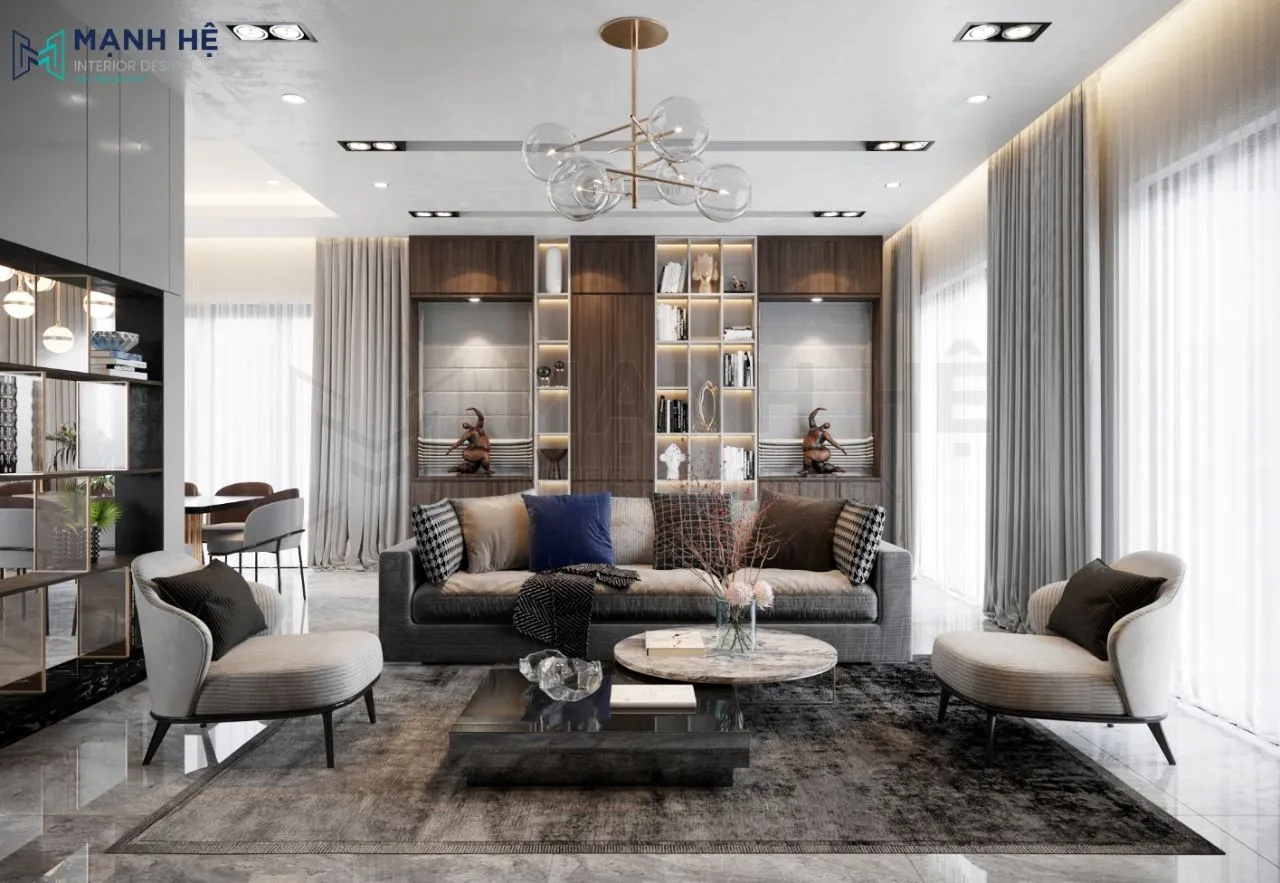 Không gian phòng khách biệt thự hiện đại với ánh sáng tự nhiên