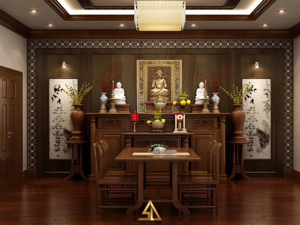 Mẫu 8: Phòng khách biệt thự cổ điển kết hợp bàn thờ với tone màu nâu ấm