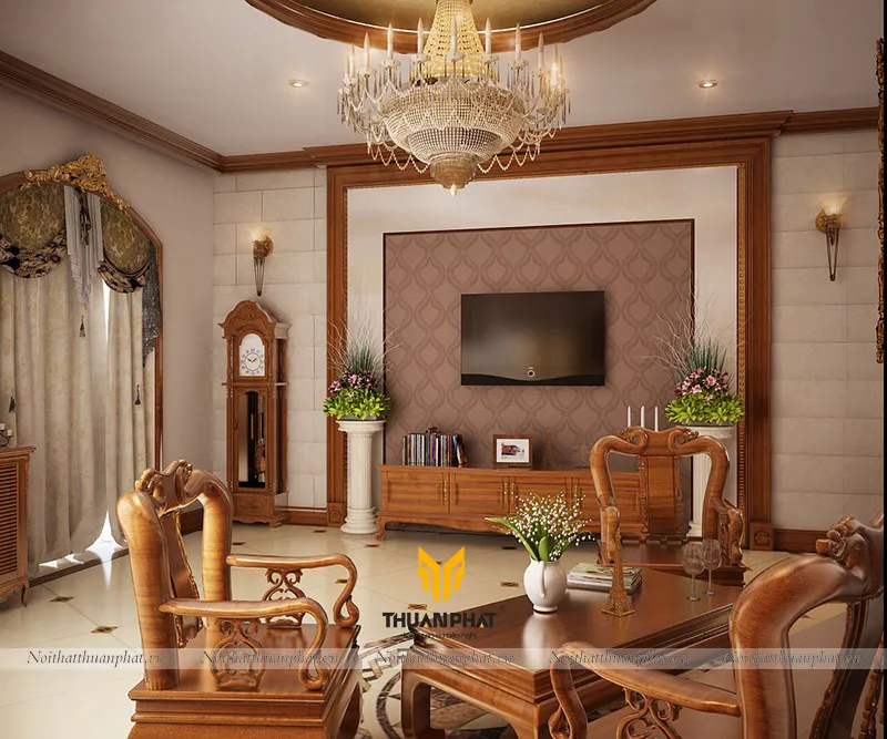 Tủ phòng khách gỗ óc chó walnut phong cách hiện đại với kính cường lực và chân inox