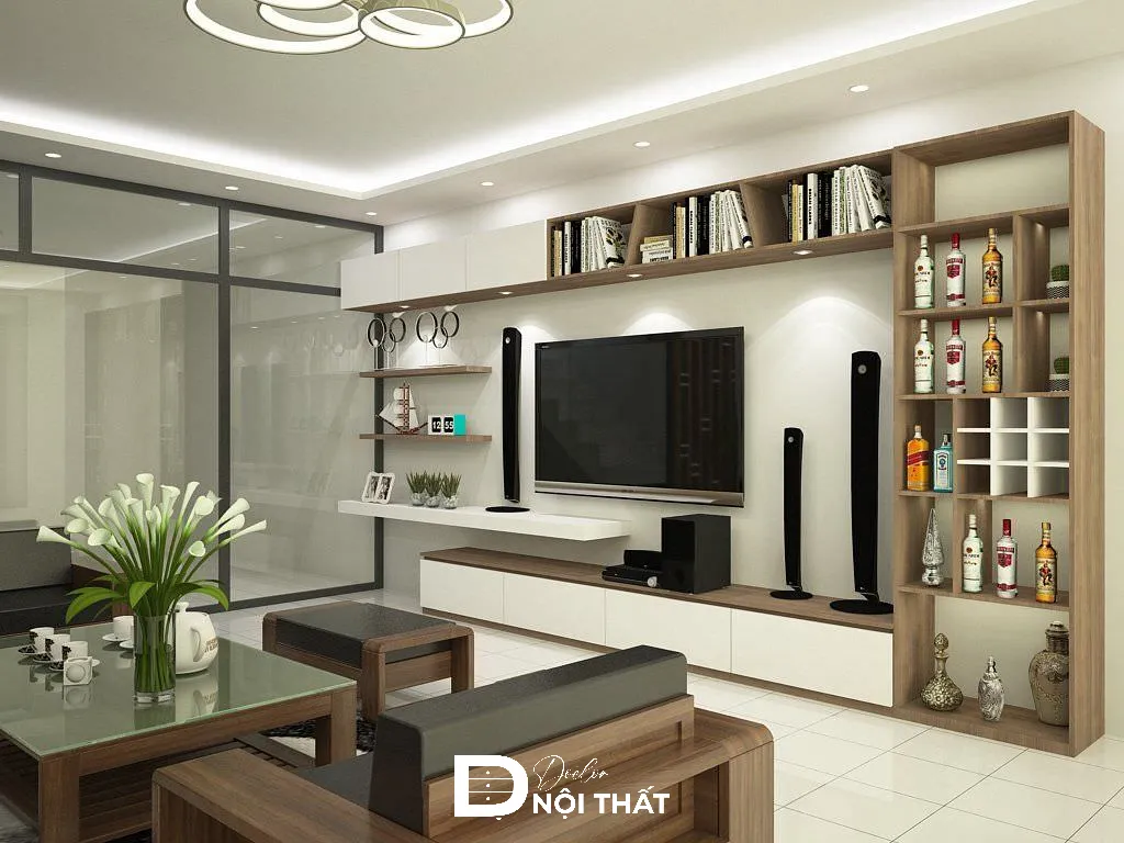 Thiết kế kệ tivi kết hợp tủ rượu kịch trần tận dụng không gian phòng khách