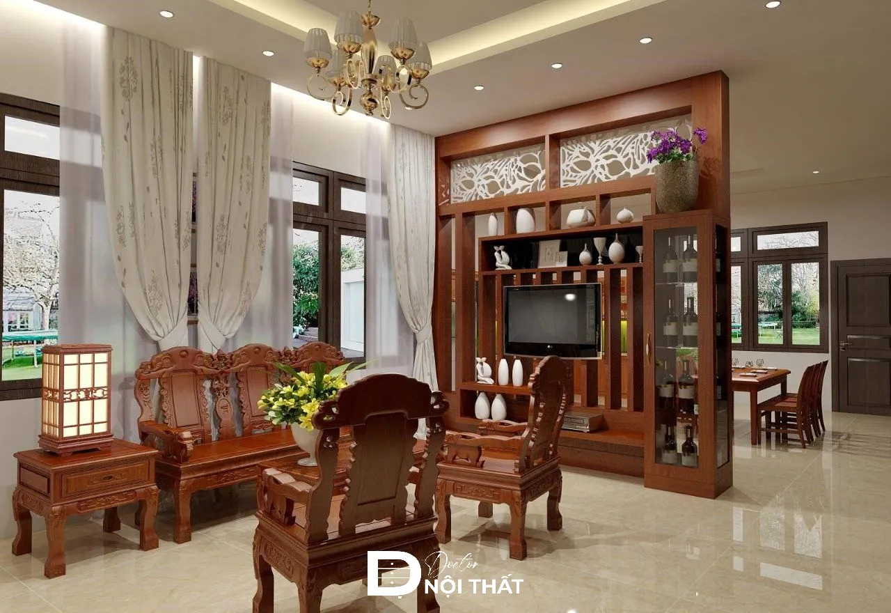 Mẫu kệ tivi kết hợp ngăn chứa rượu tận dụng thành vách ngăn