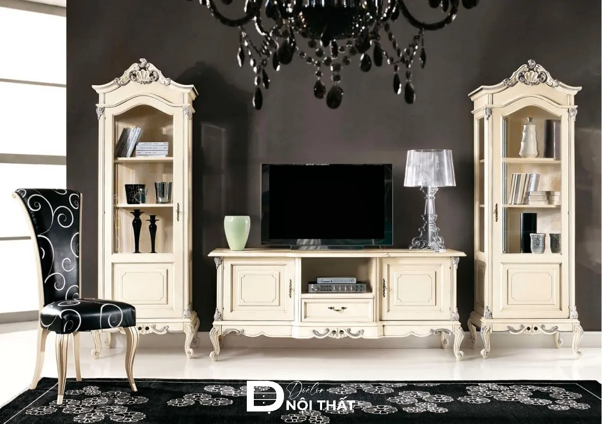 Kệ tivi kết hợp tủ rượu trong phòng khách tone màu trắng tinh tế