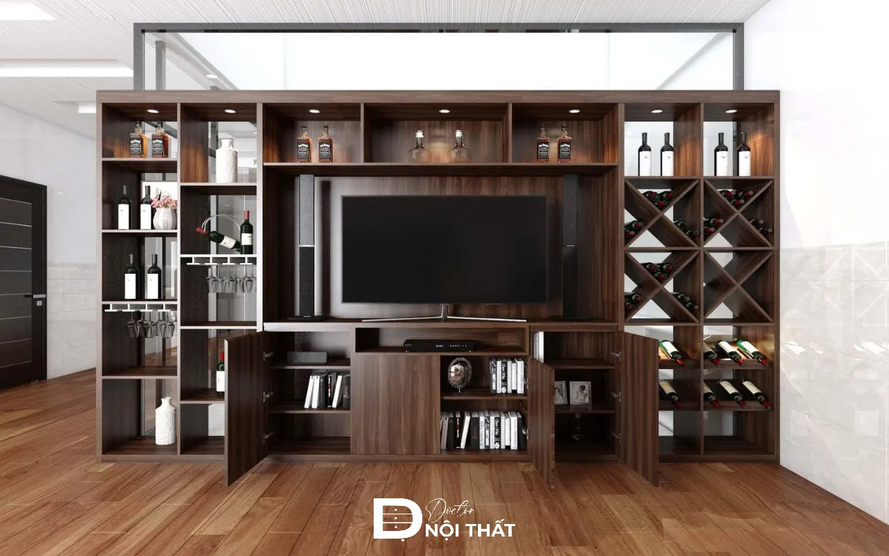 Kệ tivi kết hợp tủ rượu giúp tiết kiệm diện tích đáng kể