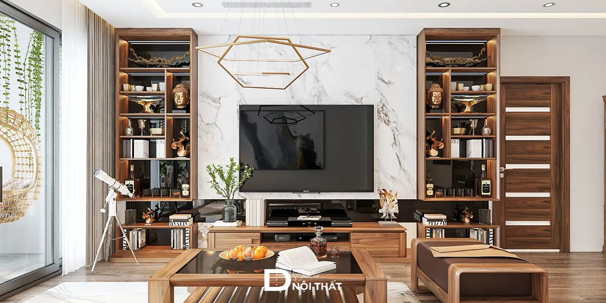 Bố trí kệ tivi giữa hai tủ rượu tạo sự cân bằng phong thủy