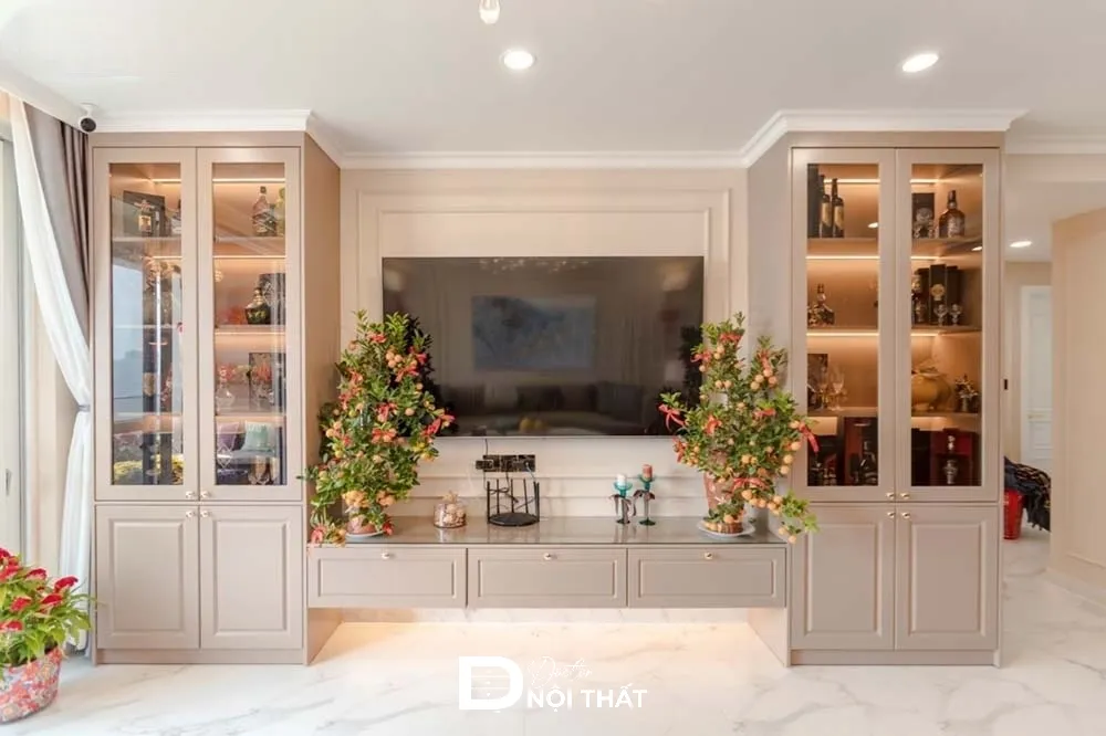 Mẫu tủ rượu kết hợp kệ tivi phòng khách có đèn LED hiện đại
