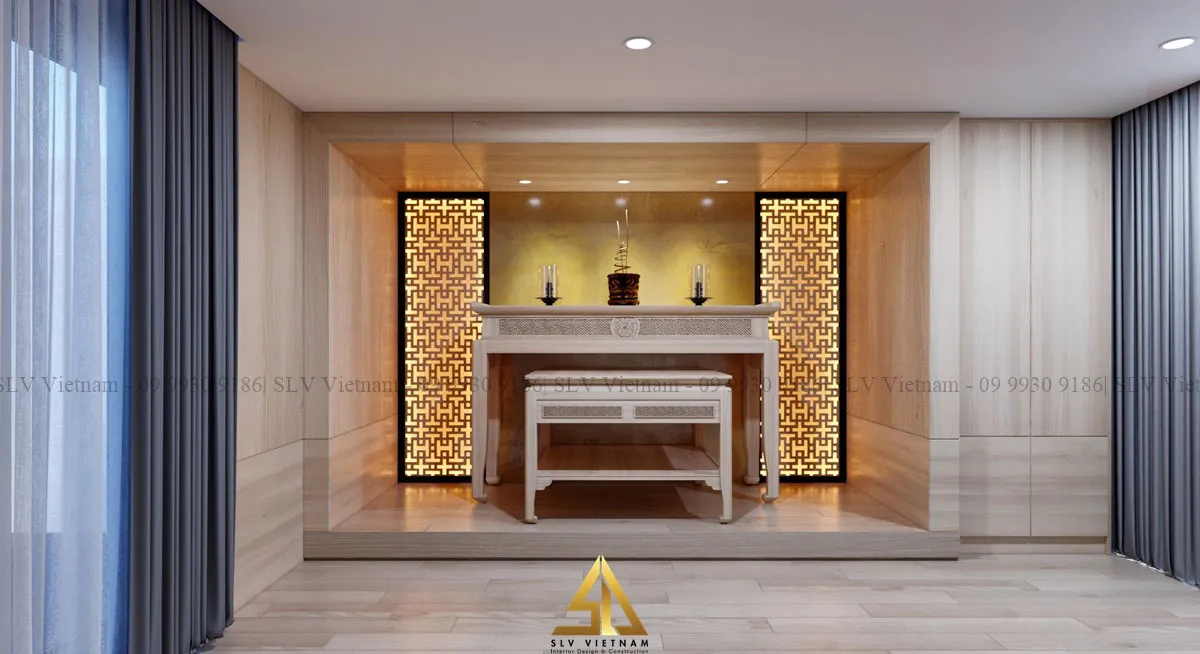 Mẫu 1: Phòng khách kết hợp bàn thờ có kiểu dáng hiện đại