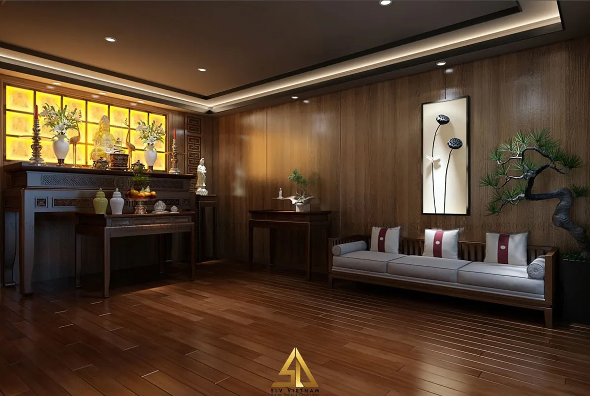 Mẫu 2: Phòng khách nhà ống kết hợp bàn thờ gỗ cao cấp
