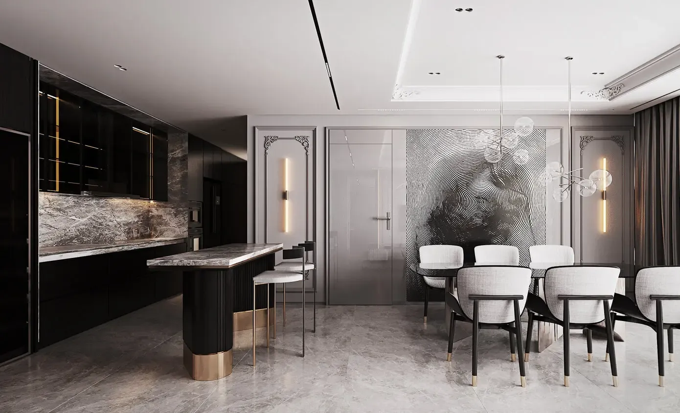 Thiết kế quầy bar giúp phân chia khu vực phòng khách, phòng bếp một cách tinh tế