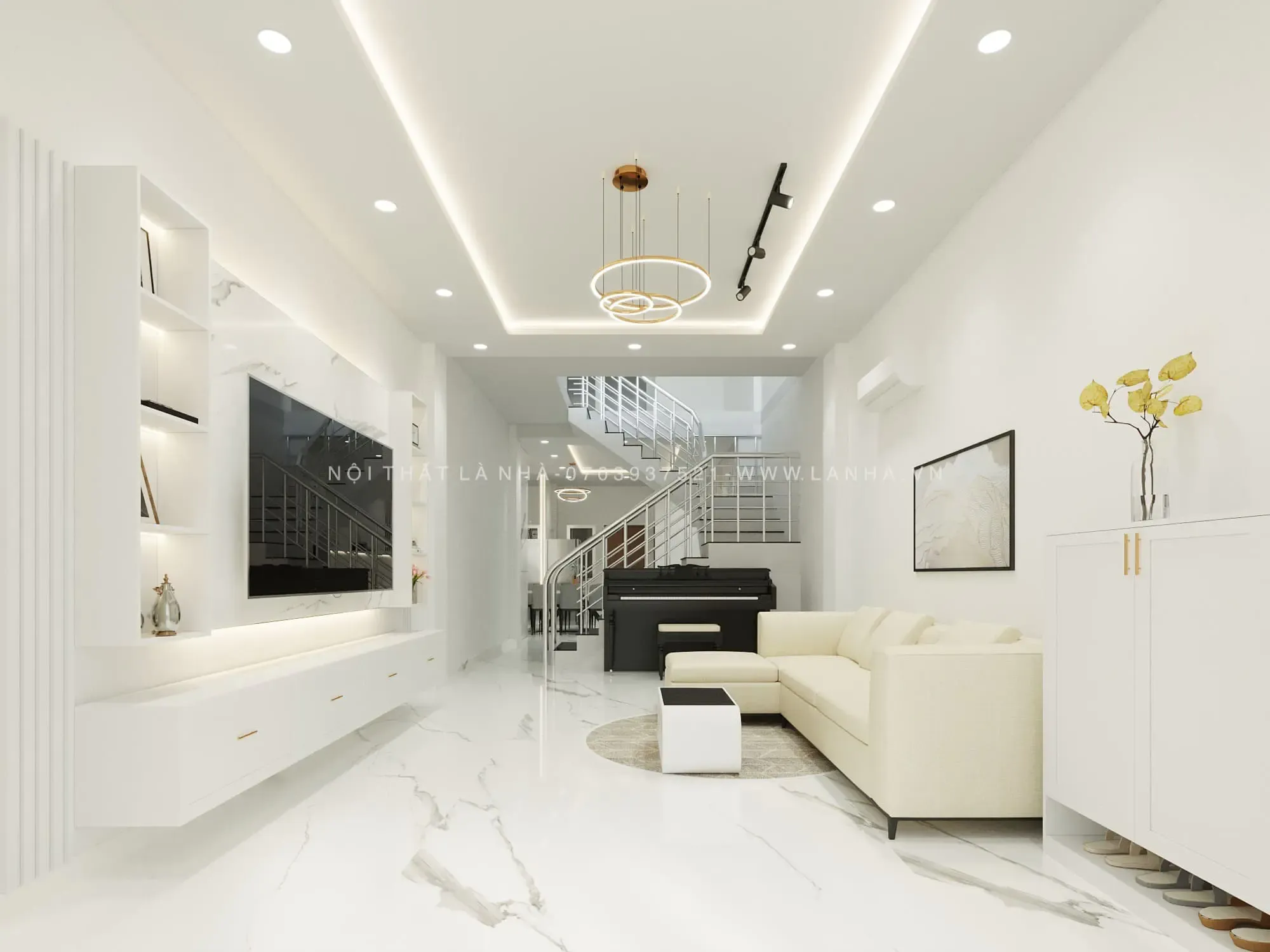 Thiết kế nhà ống tại Bình Tân của Đồ Gỗ Nội Thất Đại Phát, phòng khách và phòng bếp được ngăn cách bởi cầu thang