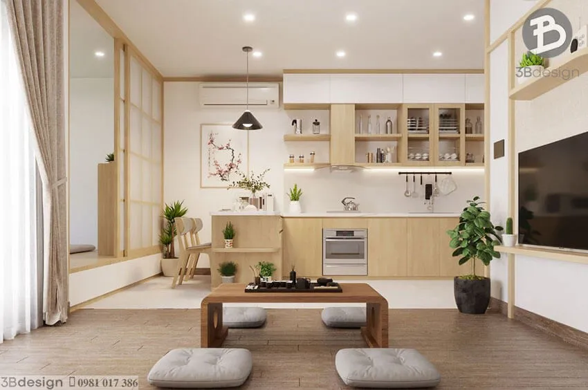 Phòng khách liền bếp nhà cấp 4 phong cách Japandi