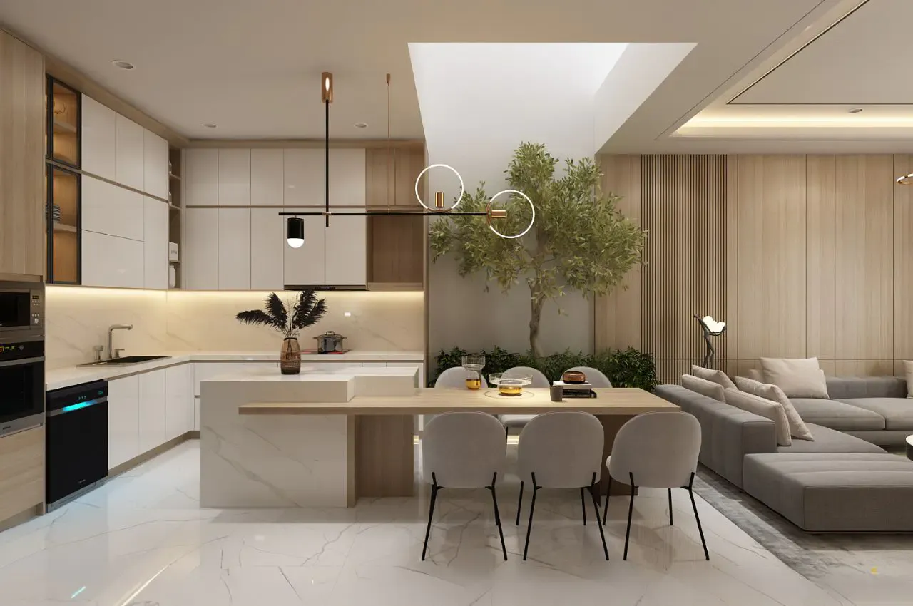 Phòng khách liền bếp tạo sự đồng điệu trong thiết kế