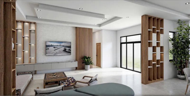 Phòng khách nhà cấp 4 đẹp đơn giản với đệm nỉ xám, bàn trà gỗ mộc mạc nhưng tinh tế