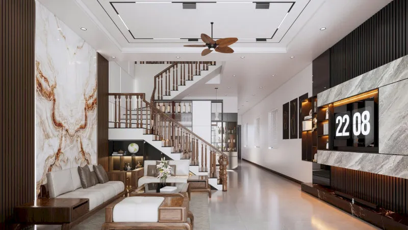 Màu trắng và be được chọn làm tông chủ đạo, mang đến cảm giác sáng sủa và sạch sẽ cho phòng khách diện tích nhỏ