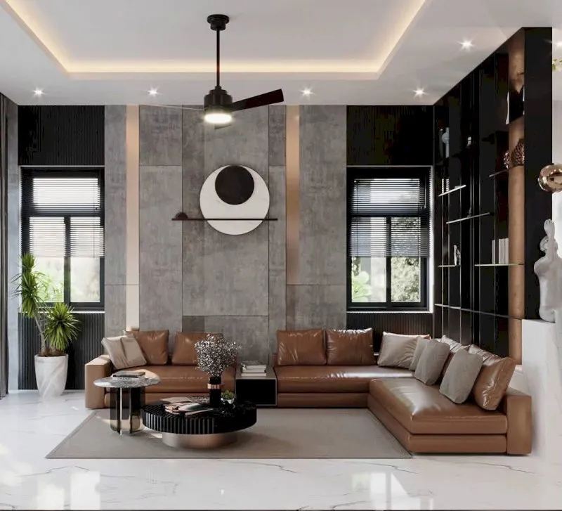 Đèn chiếu sáng thả ở trung tâm phòng khách nhà cấp 4 phối hợp đèn LED âm trần làm nổi bật nội thất