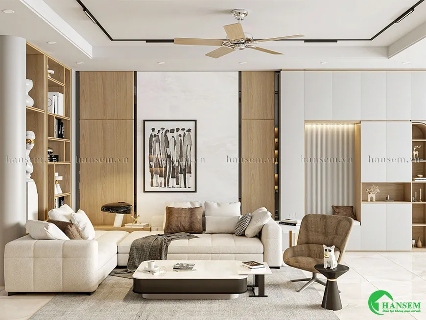 Tone màu gỗ và tường hiện đại, tạo cảm giác thoải mái, ấm áp