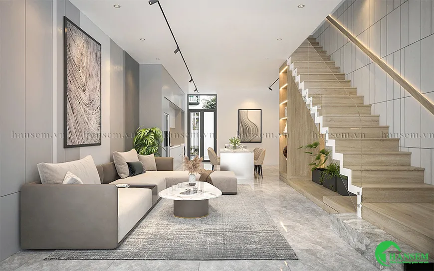 Mẫu phòng khách nhà ống 5m có cầu thang ấn tượng