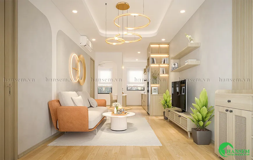 Phòng khách nhà ống đơn giản, đặt ghế sofa và bàn trà tạo điểm nhấn ấn tượng cho căn phòng