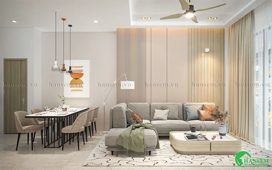 Ánh sáng tự nhiên kết hợp ánh đèn tạo nên căn phòng khách nổi bật với những đồ nội thất đẹp