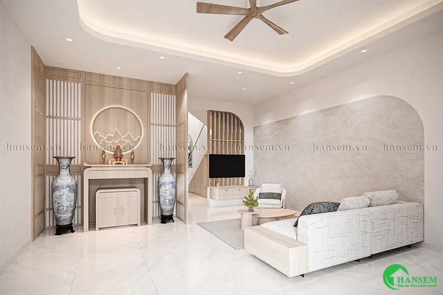 Thiết kế phong cách Japandi cho không gian phòng khách nhà ống