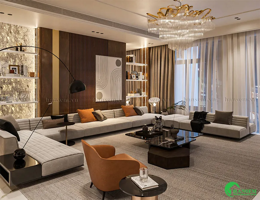 Nội thất phòng khách nhà ống 5m hiện đại và tiện nghi