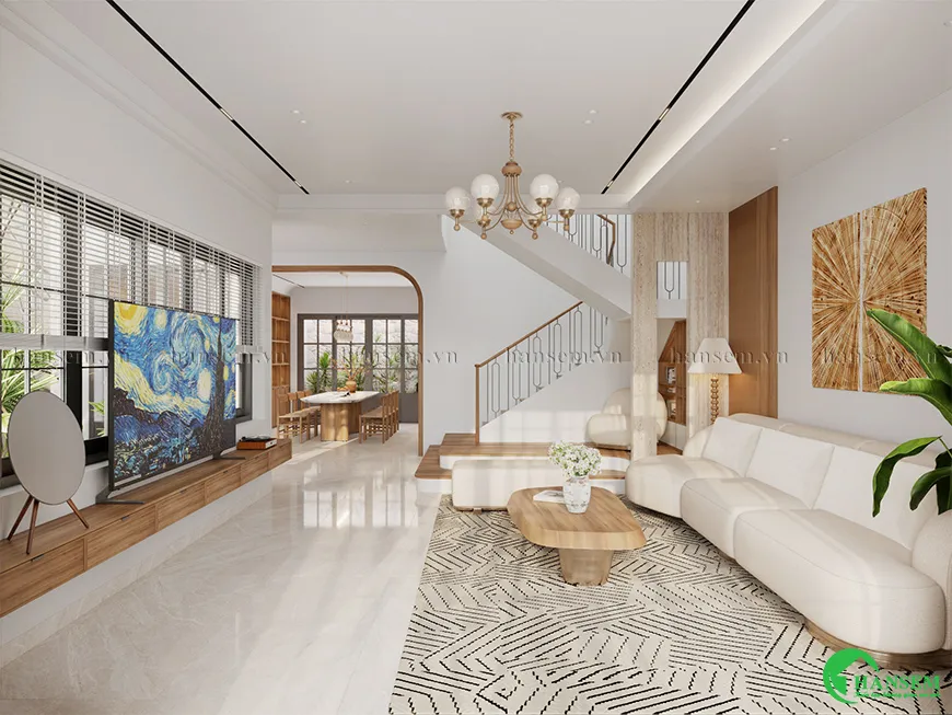 Phòng khách nhà ống 5m phong cách Wabi Sabi