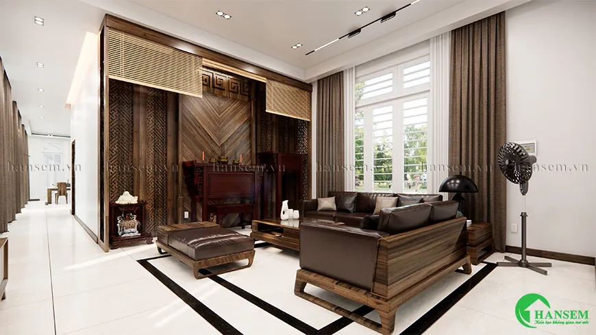 Phòng khách nhà ống có bàn thờ đẹp và ấm cúng