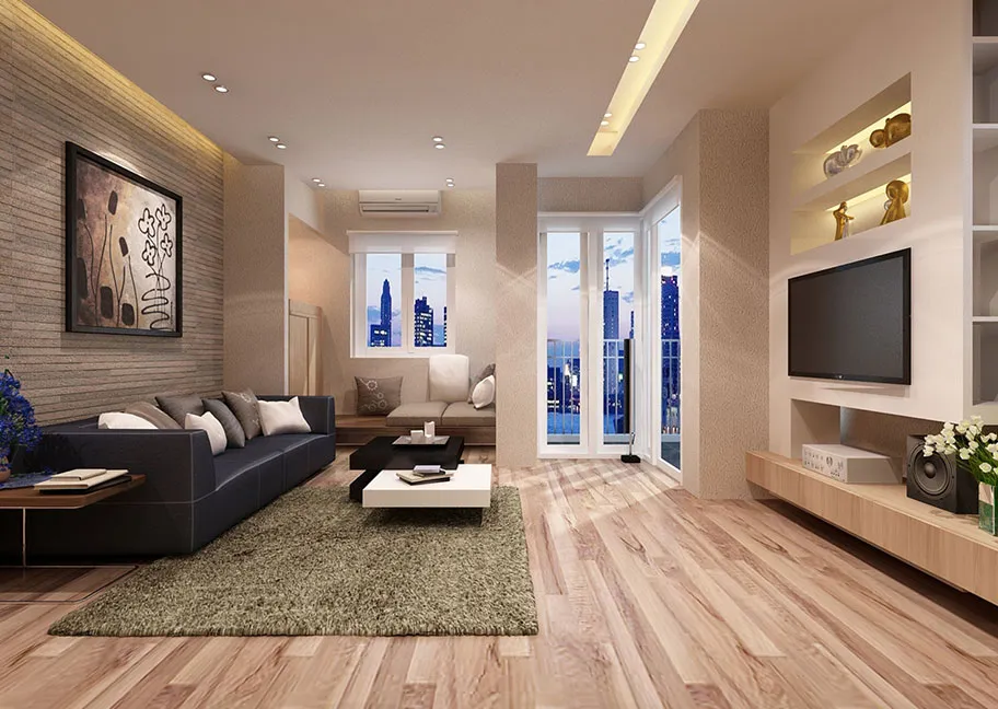 Phòng khách sơn màu nâu kết hợp với gỗ
