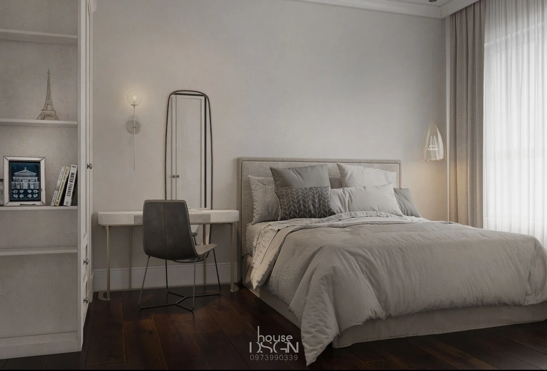 Phòng nghỉ sử dụng gỗ tự nhiên kết hợp tông trắng