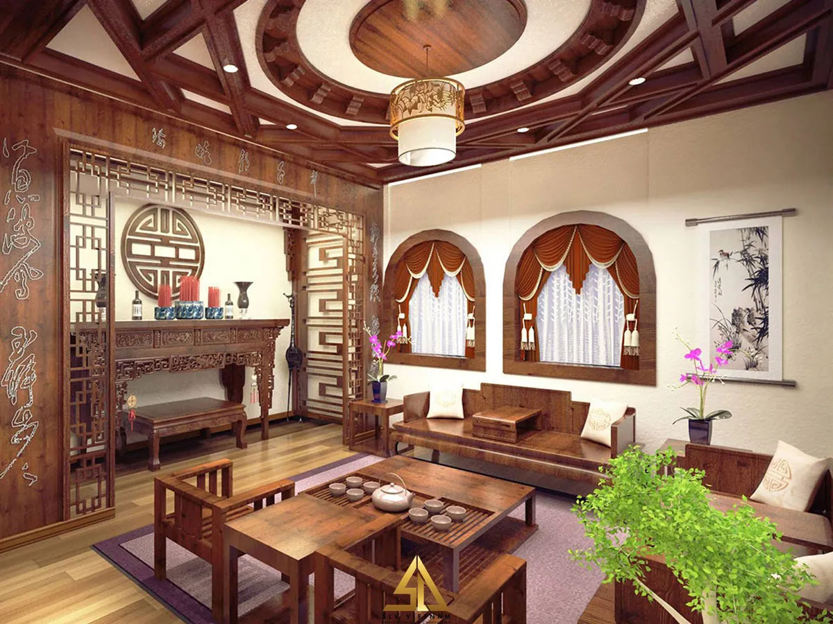 Mẫu 6: Phòng thờ biệt thự mang đậm phong cách cổ xưa