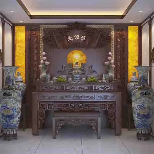 Toàn cảnh mẫu phòng thờ hiện đại đẹp với vách ngăn và bàn thờ cao cấp