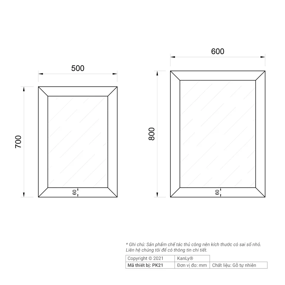 Gương soi khung gỗ tự nhiên 60x80cm Kanly PK21.02