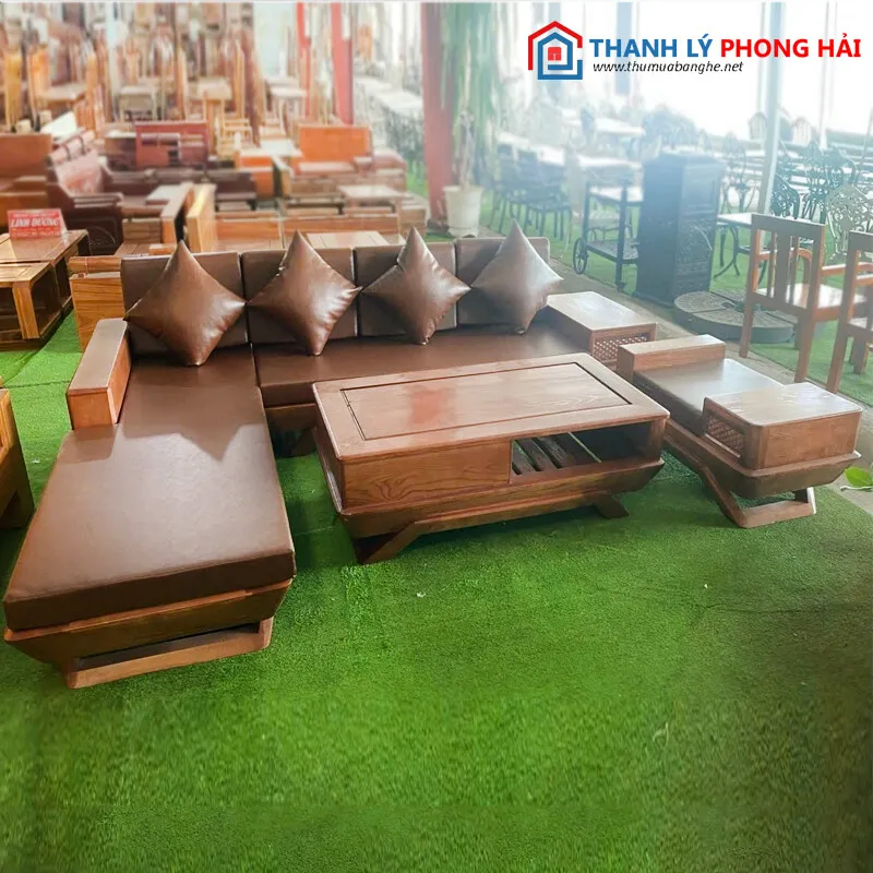 Bộ Salon Sồi Màu Óc Chó Có Đệm Da Mới 99%