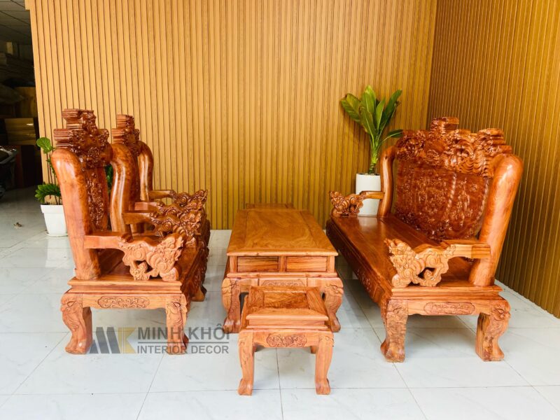 Bàn Ghế Gỗ Hương Đá Tay 12 Chạm Đào 6 Món Đẳng Cấp Sang Trọng