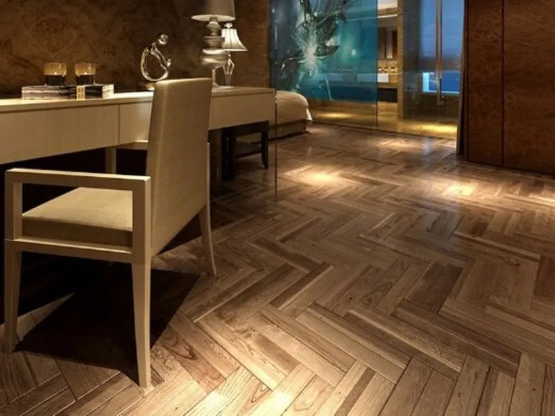 Không gian nội thất đẳng cấp với sàn nhựa giả gỗ lát kiểu xương cá sang trọng