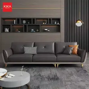 Ghế sofa văng màu ghi đậm bọc da Hàn Quốc, kiểu dáng thanh lịch