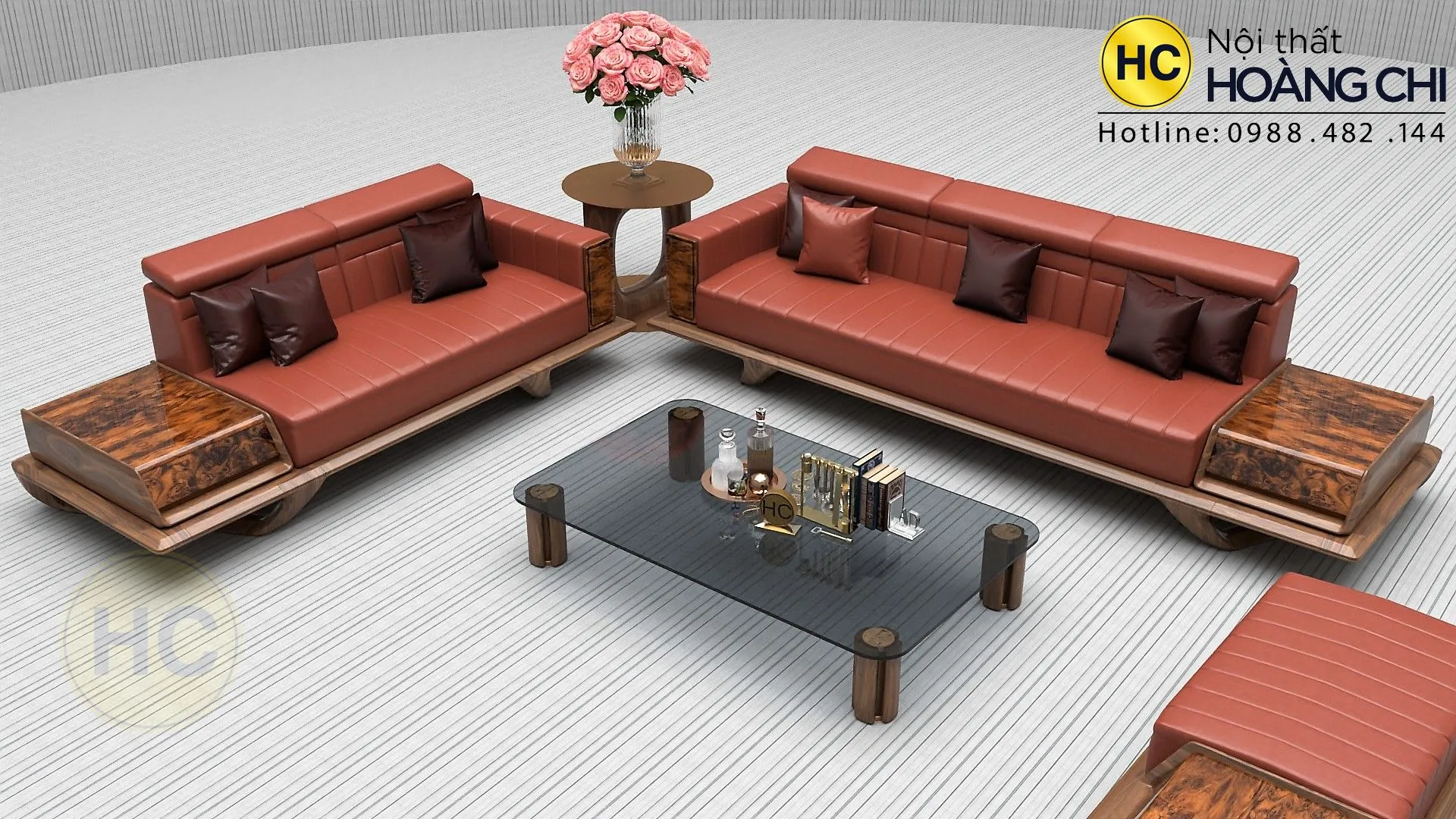 Bộ sofa gỗ óc chó cao cấp chữ U cho phòng khách biệt thự