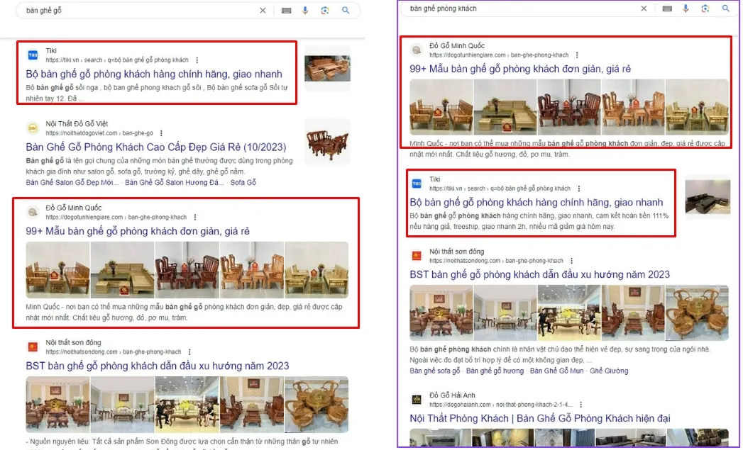 So sánh kết quả tìm kiếm cho các từ khóa chung ý định