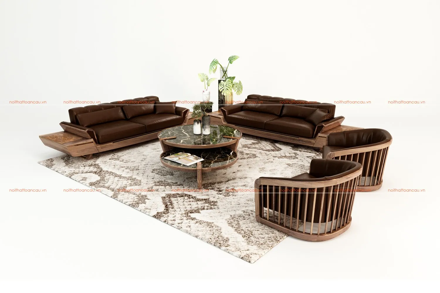 Ghế băng dài với đệm da và tay vịn chắc chắn của bộ bàn ghế phòng khách bằng gỗ TC146 b