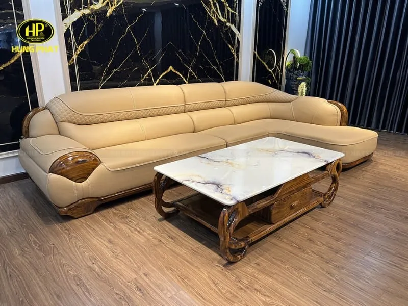 Sofa gỗ mun góc L WJ165 kết hợp da bò Ý cao cấp