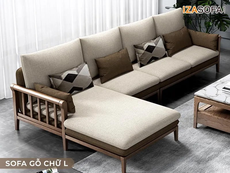 Sofa gỗ chữ L cao cấp với đệm dày dặn