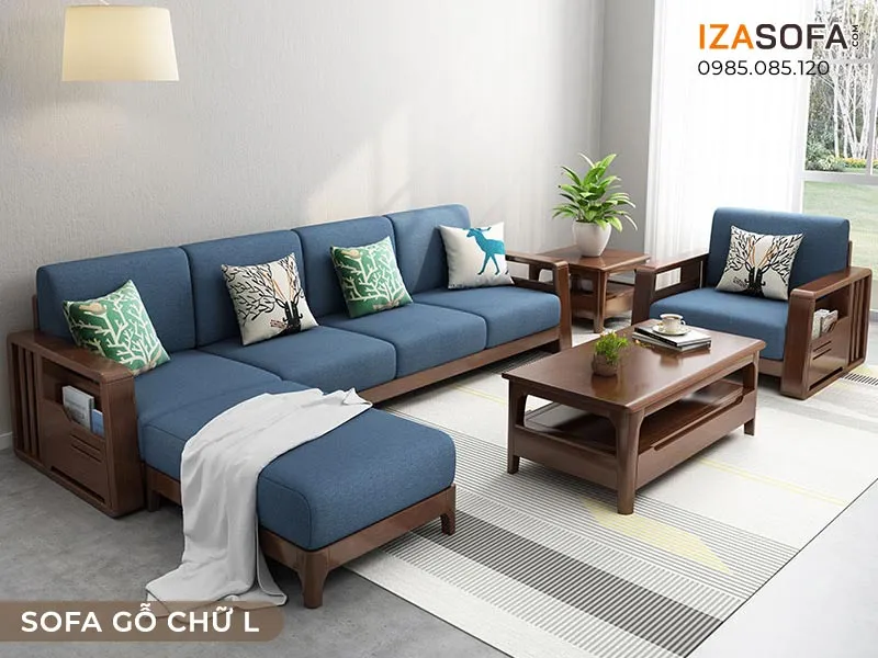 Sofa gỗ chữ L đẹp với đệm bọc vải màu xanh nổi bật