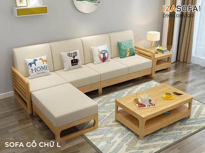 Ghế sofa gỗ chữ L đẹp phong cách tối giản