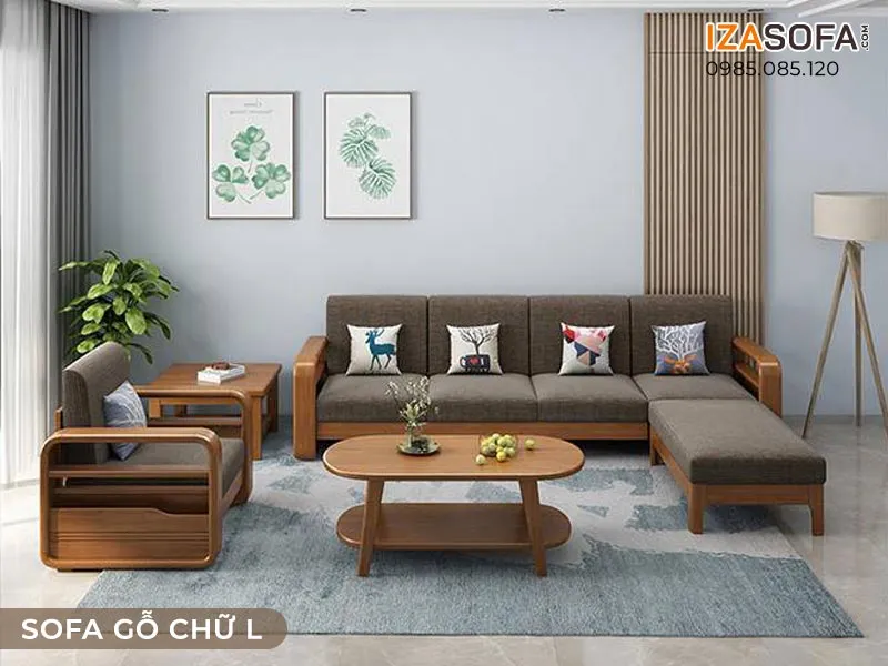 Phối cảnh sofa gỗ chữ L trong không gian phòng khách thực tế